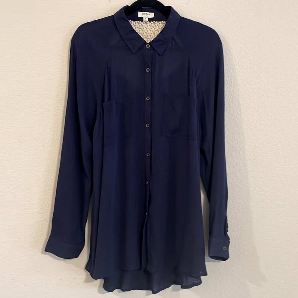 Umgee Women Button Front Shirt Medium Blue Lace Coastal Cowgirl Contemporary - Picture 3 of 15